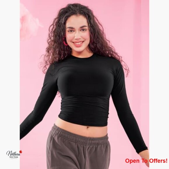 Long Sleeve Double Lined Workout Tee Crew Neck Fitted T-Shirt - Picture 2 of 7